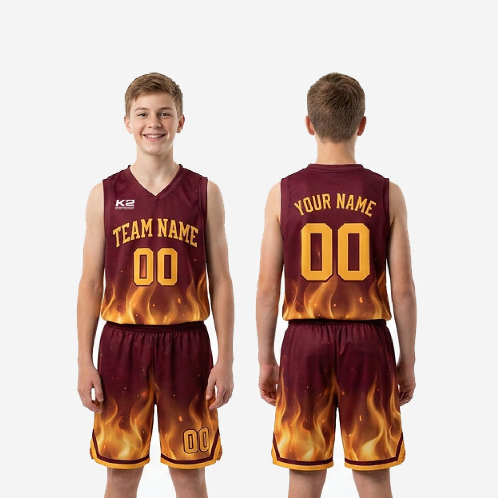 Sublimated Custom Maroon Youth Basketball Uniforms - Gold Flame