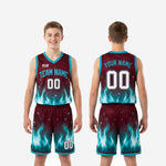 Back view of sublimated maroon and teal youth basketball jersey showing player name and number print zones