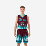 Maroon youth basketball uniforms with vivid teal flame gradient print, showing jersey and shorts front and back views