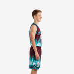 Front view of custom maroon and teal youth basketball uniform set with arched team name and number on the jersey chest
