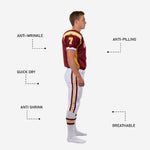 custom youth football uniform back view showing back number gold side panels and white pants with maroon gold dual side stripe