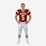 maroon youth football uniforms with gold side panels arched team name and front number on white pants with dual side stripe front view