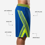 Back view of matching team basketball shorts in royal blue and lime with sublimated back number print zone