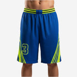 Matching team basketball shorts in royal blue with lime-green crossing side stripe and sublimated player number 3 on front left thigh