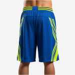 Right side view of custom basketball shorts in royal blue and lime showing crossing diagonal stripe graphic on the side panel