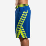 Left side view of blue and lime matching team basketball shorts showing elastic waistband with alternating lime and black stripe detail