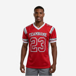 matching team football jerseys in red and grey with white sleeve stripes, arched team name and front number 23 on a male model