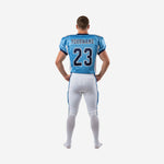 Back view of sublimated football uniform set in Columbia blue and white showing back number and player name area on the jersey