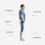 Close detail of the three-stripe side panel on white football pants with Columbia blue and navy stripes matching the custom football jersey