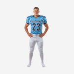 Matching team football uniforms in Columbia blue and white with V-neck jersey, front number 23, and white pants with navy side stripe - front view