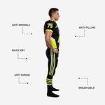 Left-side view of custom American football uniform in black and neon yellow showing jersey hem, belt area, and full-length leg stripe