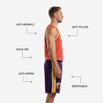 Men's basketball uniform in orange and gold trim, custom sublimated full kit