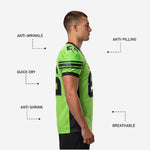 Back view of the personalized American football jersey showing the back number, player nameplate arc and black side panels