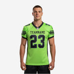 Men custom football jersey in neon green and black with front number 23 and team name across the chest, V-neck collar and black side panels