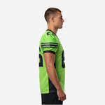 Side view of the neon green and black men custom football jersey showing the black side panel, sleeve stripe detail and set-in sleeve cut