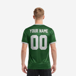 Back angle view of a custom sublimated soccer jersey in Forest Green with player surname and back number in white lettering