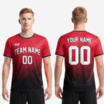Men custom soccer jersey in red and black gradient showing back player name and number print zones in white sublimation