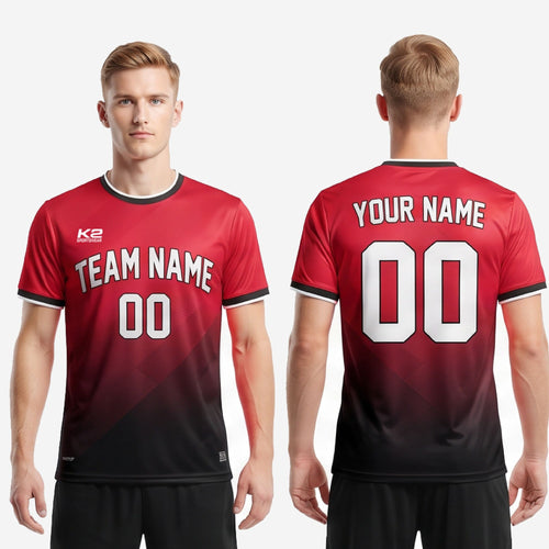 Men custom soccer jersey in red and black gradient showing back player name and number print zones in white sublimation