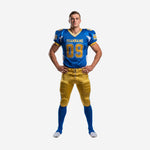 Mens american football uniform in royal blue and gold with white side panels, team name across chest and front number 09, matching gold pants with white side stripe, front view