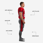 Detail view of mens red football jersey collar and gray shoulder panel construction on custom sublimated American football uniform