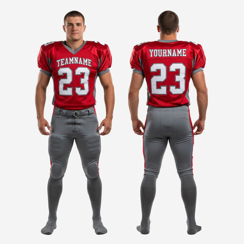 Size and specification chart for mens custom red and gray American football uniform set available in youth through adult sizes
