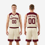 Size and specification sheet for cream and maroon men's basketball uniform sets covering youth and adult roster sizing