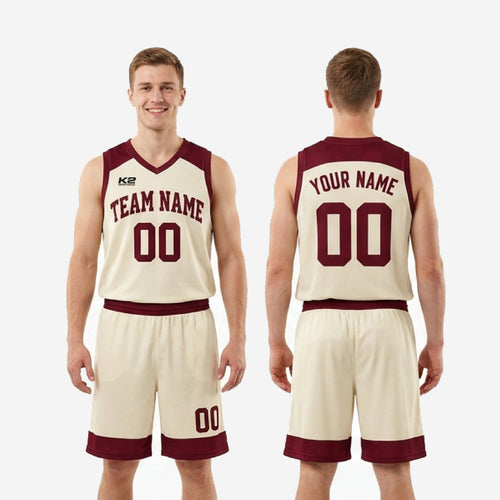 Size and specification sheet for cream and maroon men's basketball uniform sets covering youth and adult roster sizing