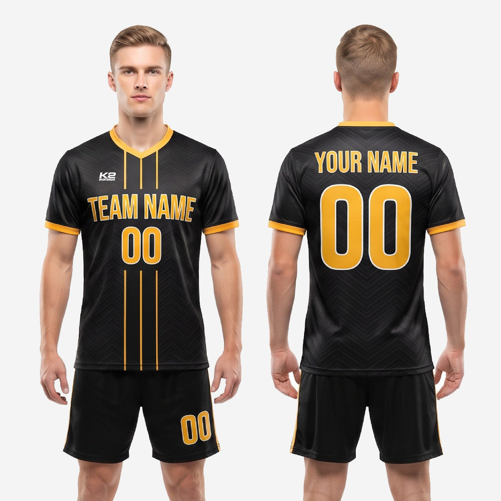 Mens Chevron Custom Black and Gold Soccer Uniforms