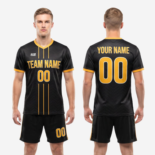 Mens Chevron Custom Black and Gold Soccer Uniforms