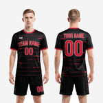 Complete mens black and red custom soccer kit set showing jersey and shorts as a matched 2-piece uniform