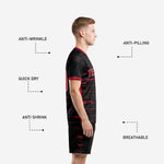 Matching black soccer shorts with red sublimated stripe accents and player number on left leg