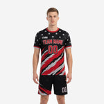 Men's custom black and red soccer uniform front view showing star print jersey and matching shorts