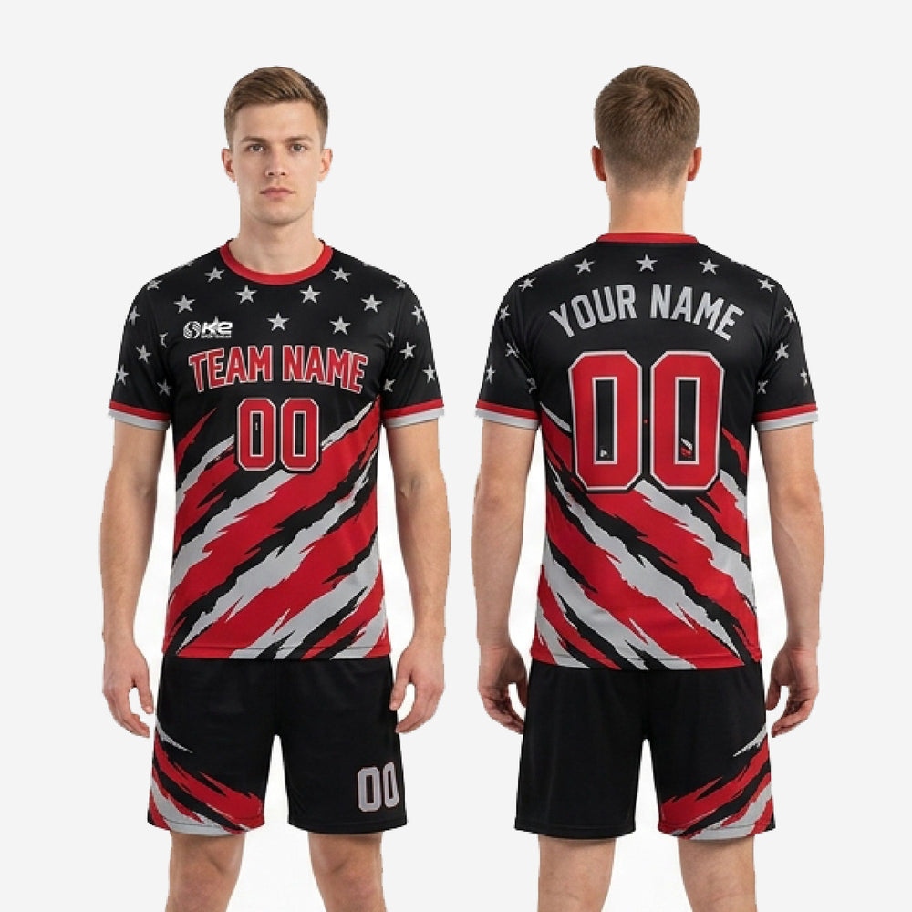 Crew Neck Custom Black and Red Soccer Uniforms - Mens