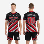 Full kit back view of men's custom black and red soccer uniforms with player name and number