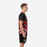 Left side view of men's black and red soccer uniform with diagonal red slash graphic and crew neck