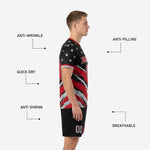 Matching black shorts with red graphic detail from the men's black and red soccer uniform set