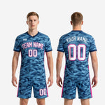 Mens steel blue camo custom soccer uniform kit back view showing back number placement and sublimated camo pattern across jersey and shorts