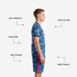 Steel blue camo custom soccer shorts with hot pink side stripe and player number printed on left leg