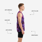 Back view of men's purple camo basketball jersey showing back number and player name printed in pink and white on full camo panel