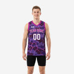 Men's custom purple basketball jerseys with camo pattern and pink crack-line accents, team name and number on front and back, fully sublimated