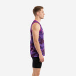 Front view of men's custom purple camo basketball jersey with magenta V-neck binding and arced team name across the chest