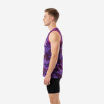 Left side view of purple camo basketball jersey showing continuous camo print across side panel and side vent at hem