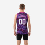 Right side view of sublimated purple and pink camo basketball jersey with wide-cut sleeveless armhole and straight hem
