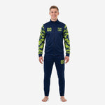 Mens camo soccer tracksuit in navy blue with neon green digital camo sleeves, full front view showing team logo and number print