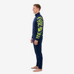 Mens navy and neon green camo soccer tracksuit second side angle showing full sleeve sublimation detail