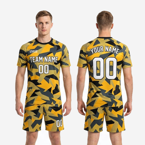 Back view of mens yellow soccer uniform showing back name, back number, and full geometric camo print