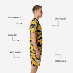 Detail of Athletic Gold camo soccer shorts showing player number on left leg and elastic drawcord waistband