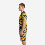 Right side view of mens Athletic Gold camo soccer uniform with matching shorts and crew neck collar
