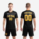 Back view of mens all black soccer uniform showing full-dye sublimation print and Athletic Gold back number on pinstripe jersey