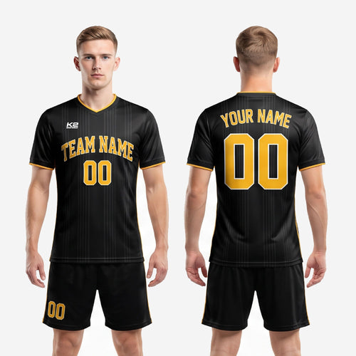 Back view of mens all black soccer uniform showing full-dye sublimation print and Athletic Gold back number on pinstripe jersey